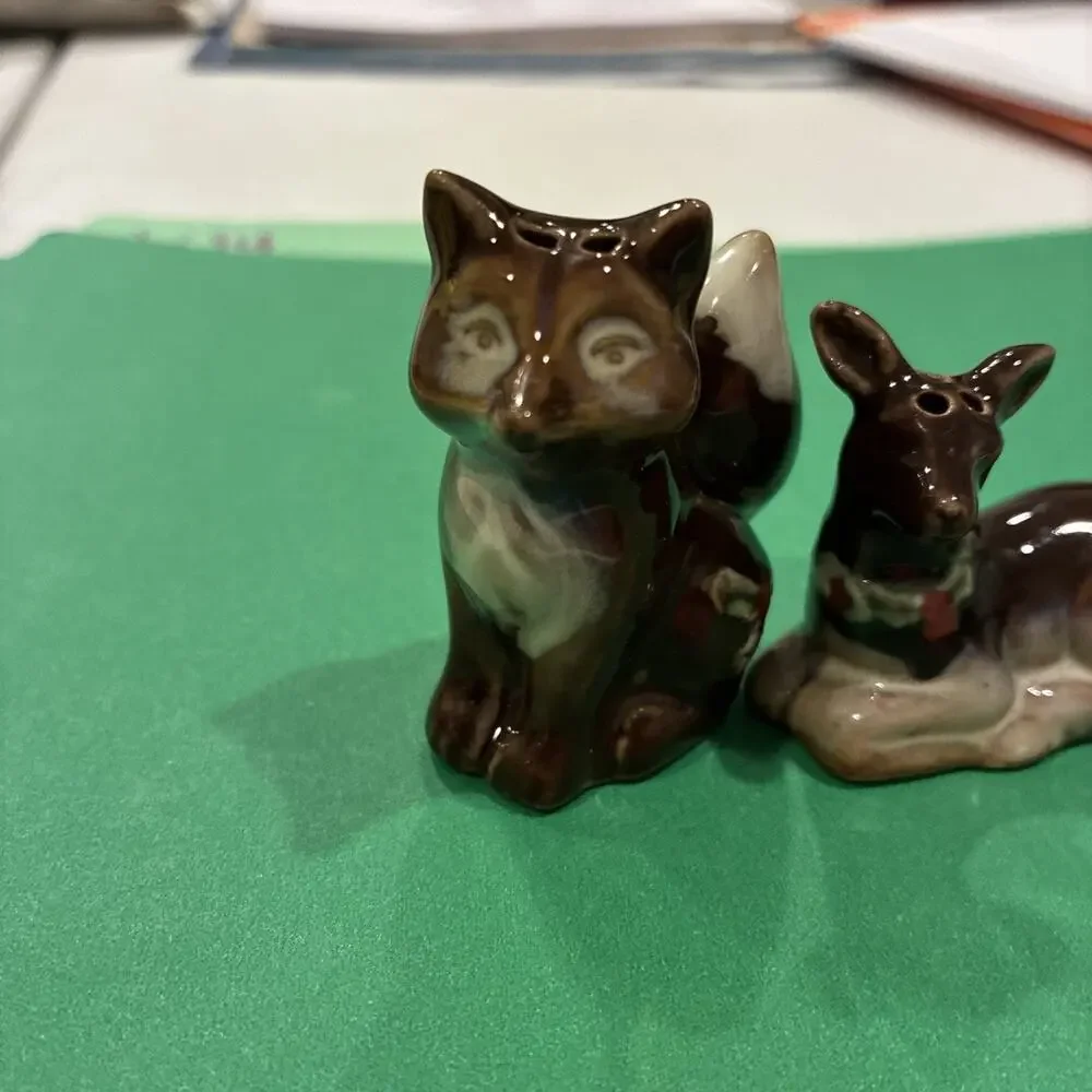 Deer And Fox Ceramic Salt And Pepper Shakers Fawn Whimsical Forest Animals Decor
